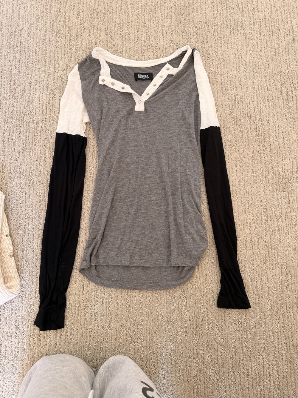 Pencey Gray, Black & White Colorblock Henley Long Sleeve Top